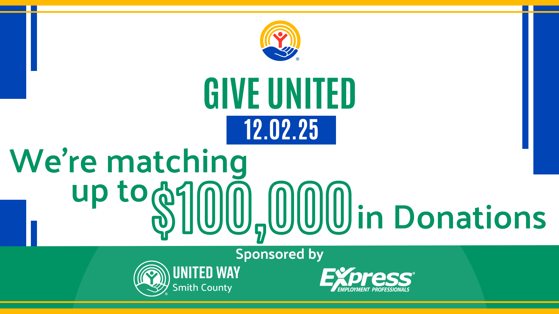 give united banner with matching funds up to $100,000